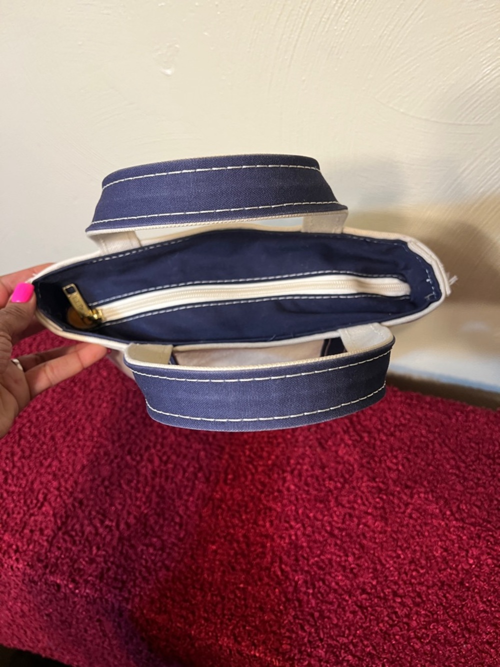 Vintage 90s LL Bean Made In USA Boat and Tote Small Tote Bag Purse Navy Cream - Picture 5 of 16